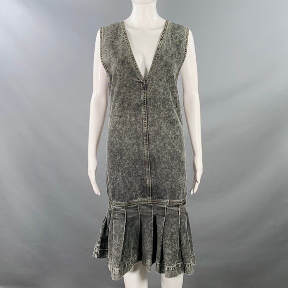 M Grey Cotton Denim Contrast Stitch Oversized Drop Waist Deep V-Neck Dress - Picture 1 of 6